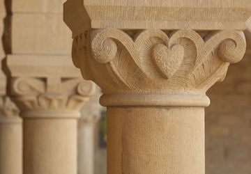 Architectural details of the sandstone arcades in the Main Quadrangle of Stanford University.